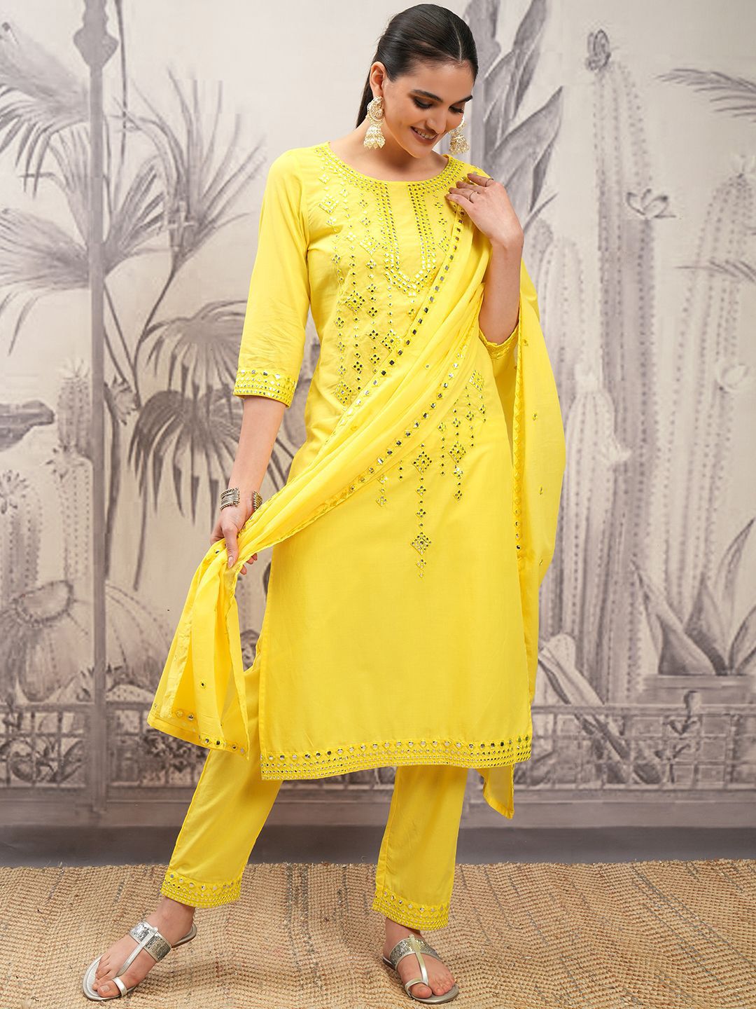 Vishudh Yellow Round Neck Ethnic Motifs Embroidered Pure Cotton Straight Kurta Set