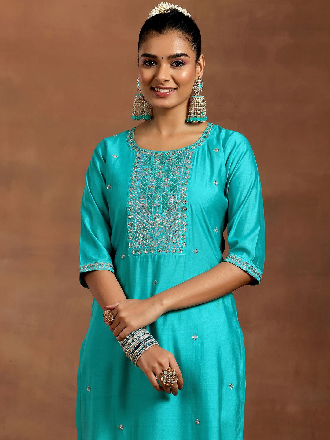 Gerua By Libas Floral Embroidered Sequinned Straight Kurta With Trouser & Dupatta