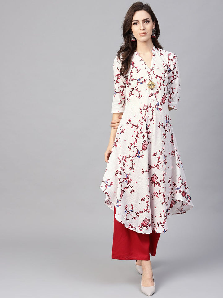 SOJANYA Wanita Sangkar Putih & Merah Cetak Kurta A-Line