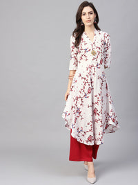 SOJANYA Wanita Sangkar Putih & Merah Cetak Kurta A-Line