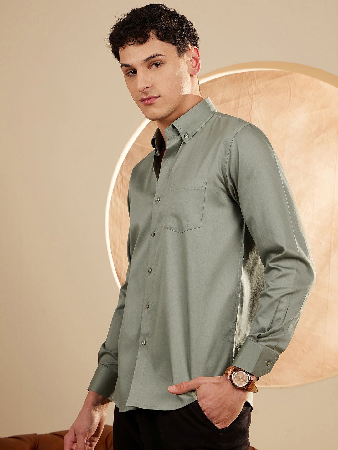 DENNISON Men Olive Green Smart Slim Fit Opaque Formal Shirt