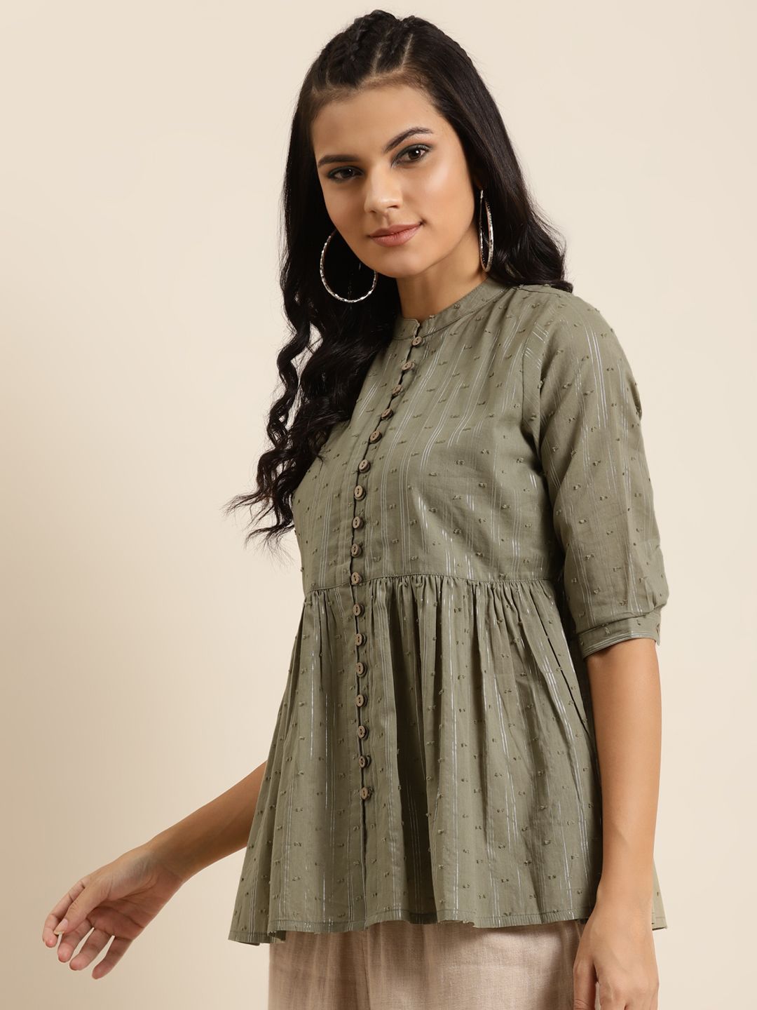 Shae by SASSAFRAS Women Olive Green Pure Cotton Dobby Woven Design A-Line Top