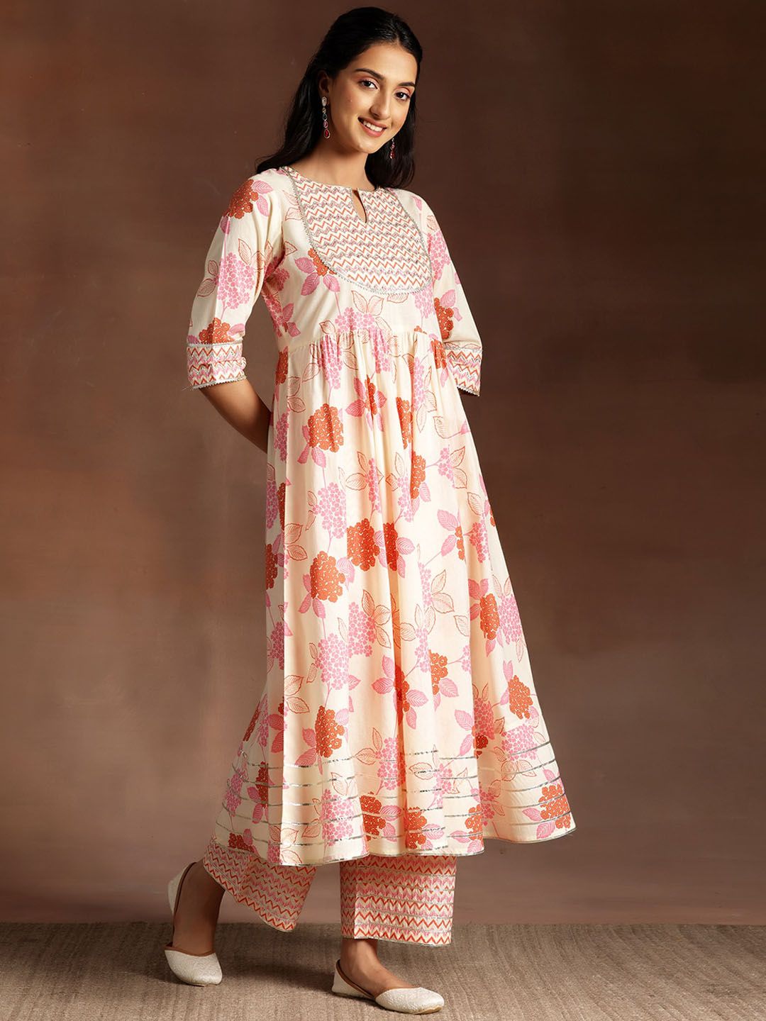 Libas Floral Printed Pleated Gotta Patti Pure Cotton Kurta with Palazzo & Dupatta