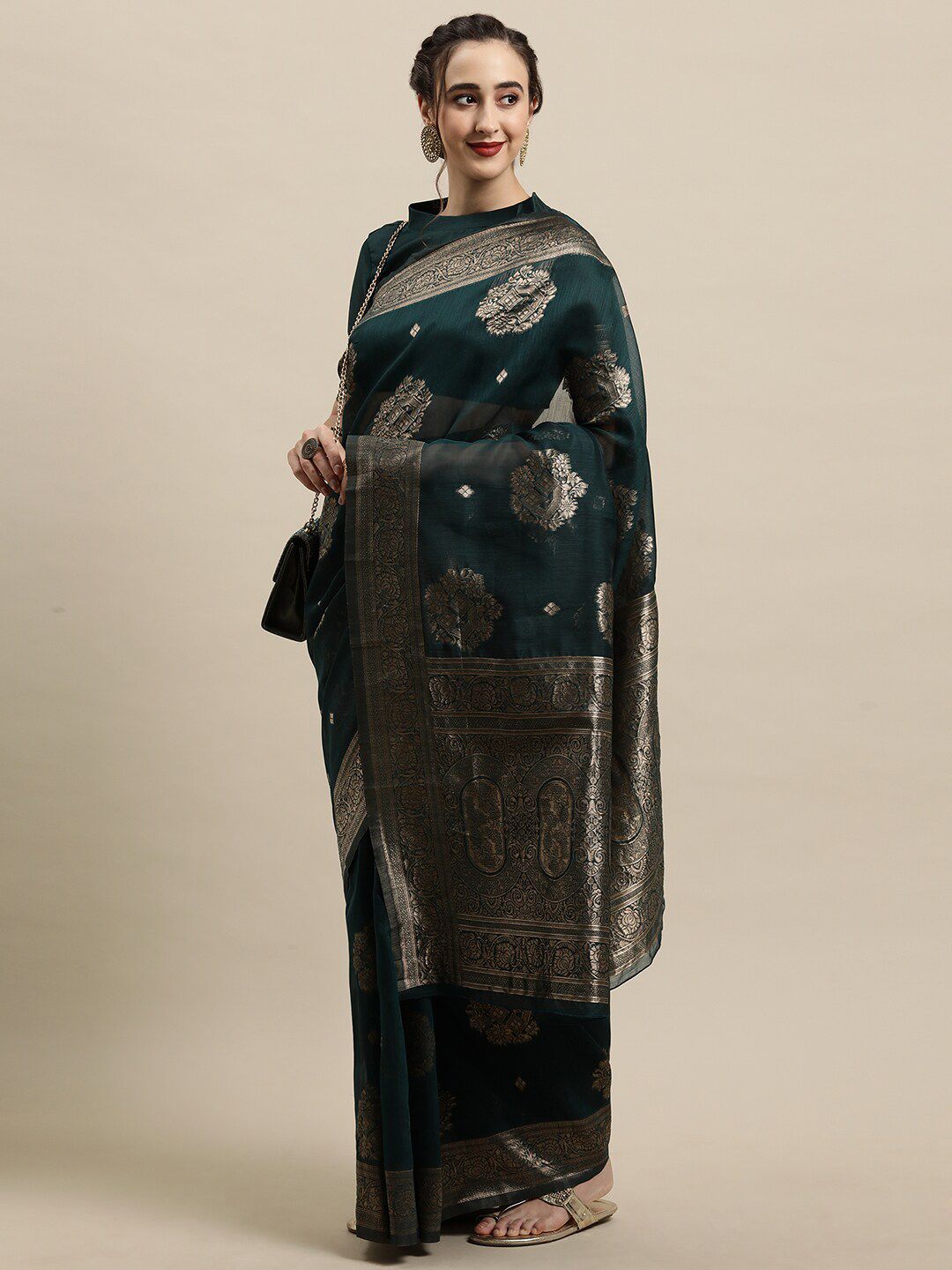 Saree mall Teal & Gold-Toned Ethnic Motifs Zari Silk Blend Banarasi Sarees
