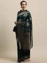Saree mall Teal & Gold-Toned Ethnic Motifs Zari Silk Blend Banarasi Sarees