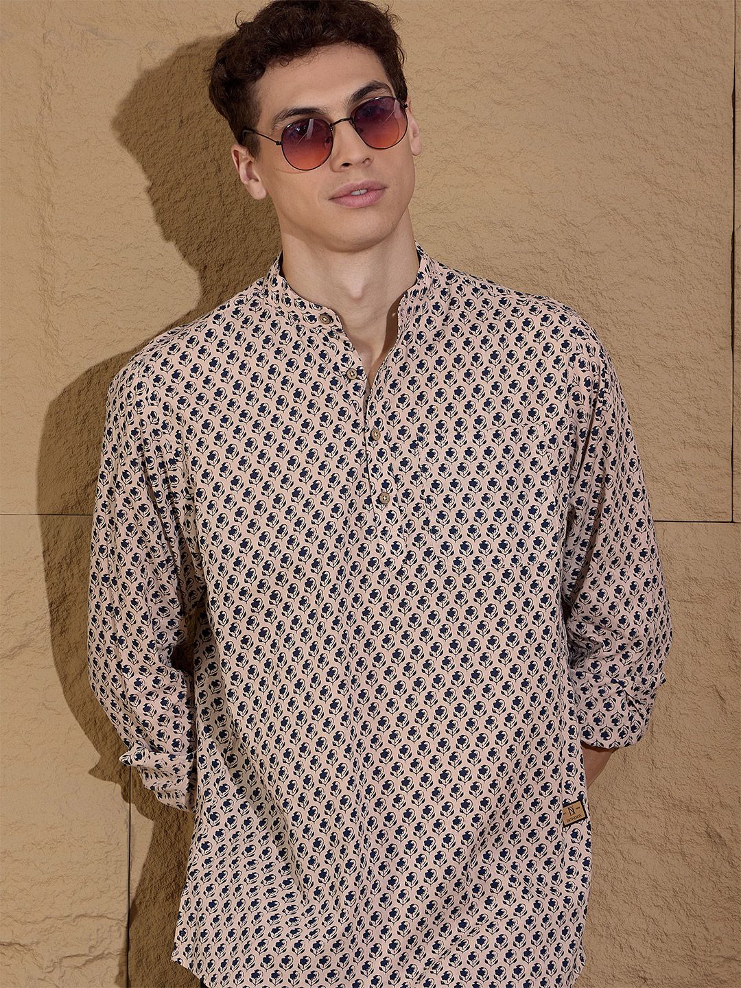 DENNISON Floral Printed Pure Cotton Band Collar Straight Kurta