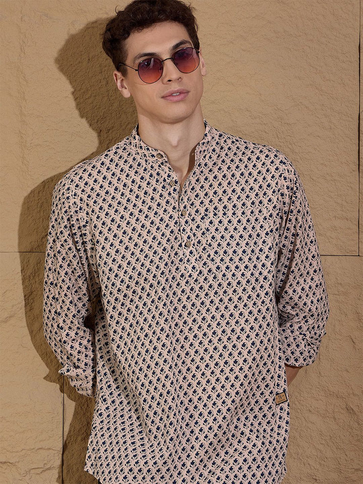 Dennison Floral Printed Cotton Band Collar Lurus Kurta
