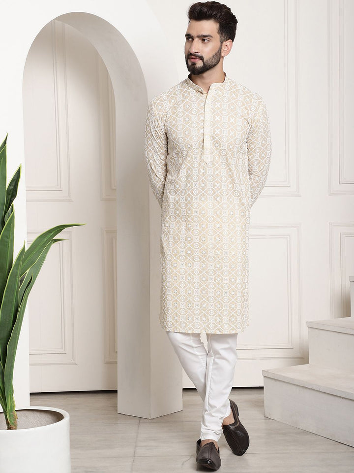 SOJANYA Men Beige Floral Mirror Work Kurta