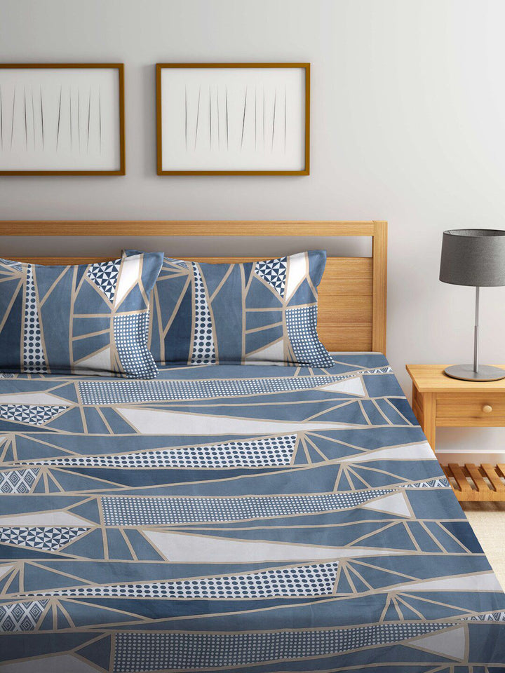 KLOTTHE Biru Kapas Abstrak 300 TC Dilengkapi Cadar King Halus dengan 2 Sarung Bantal-98 x 89 inci