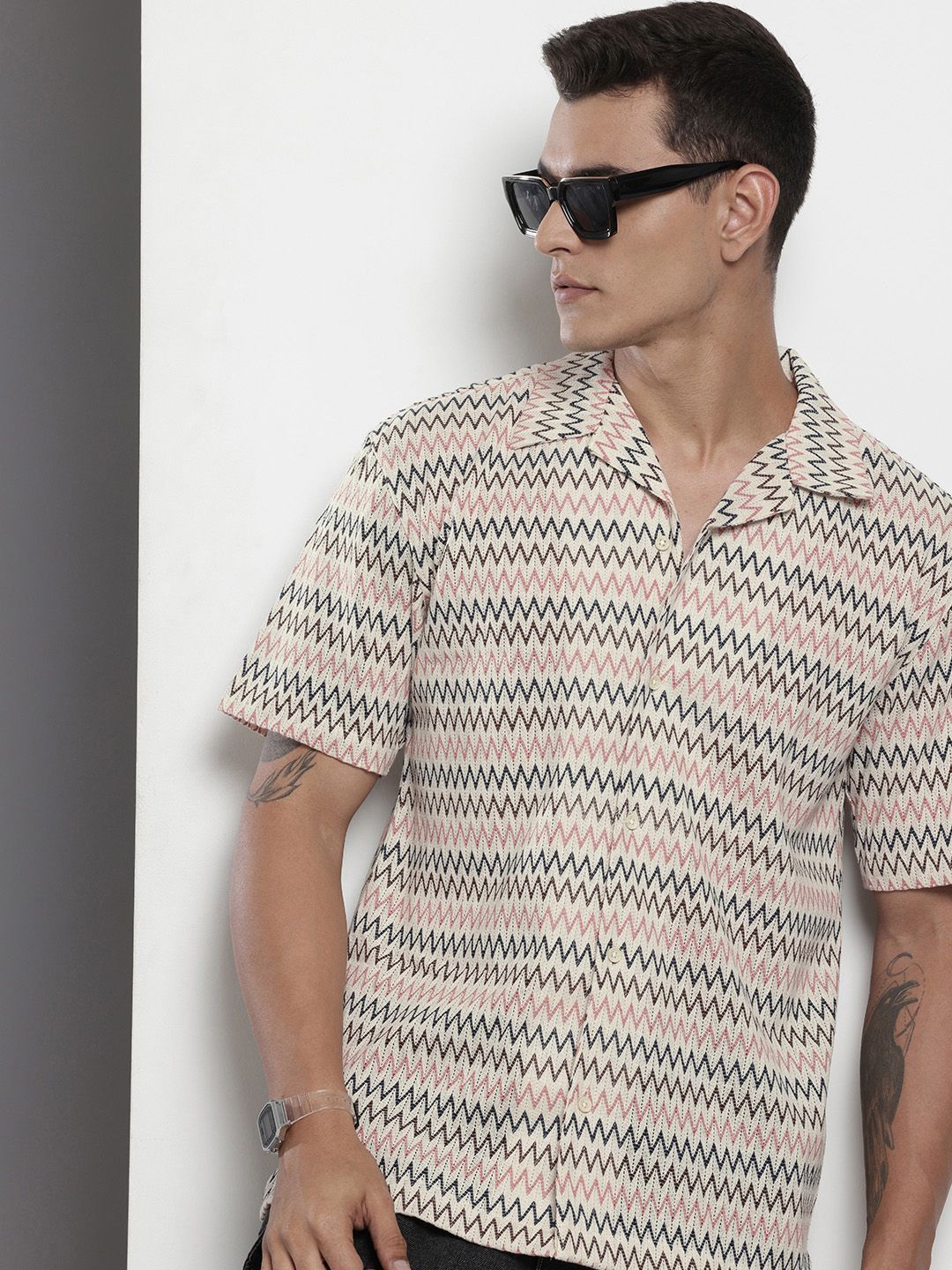 The Indian Garage Co Men Relaxed Fit Textured Lace Crochet Resort Wear Shirt