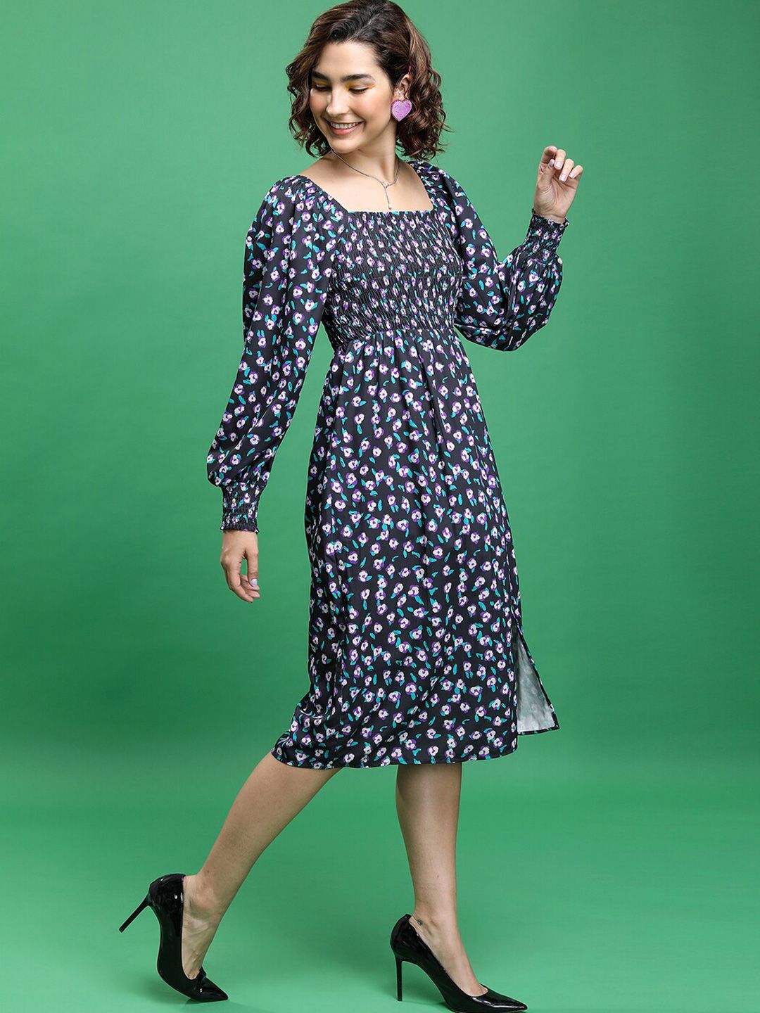 Tokyo Talkies Black Floral Print Puff Sleeve Fit & Flare Dress