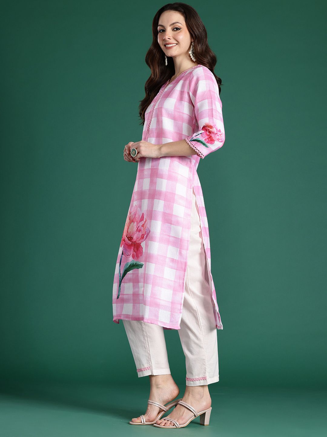 Indo Era Floral Printed Beads and Stones Linen Kurta with Trousers & With Dupatta