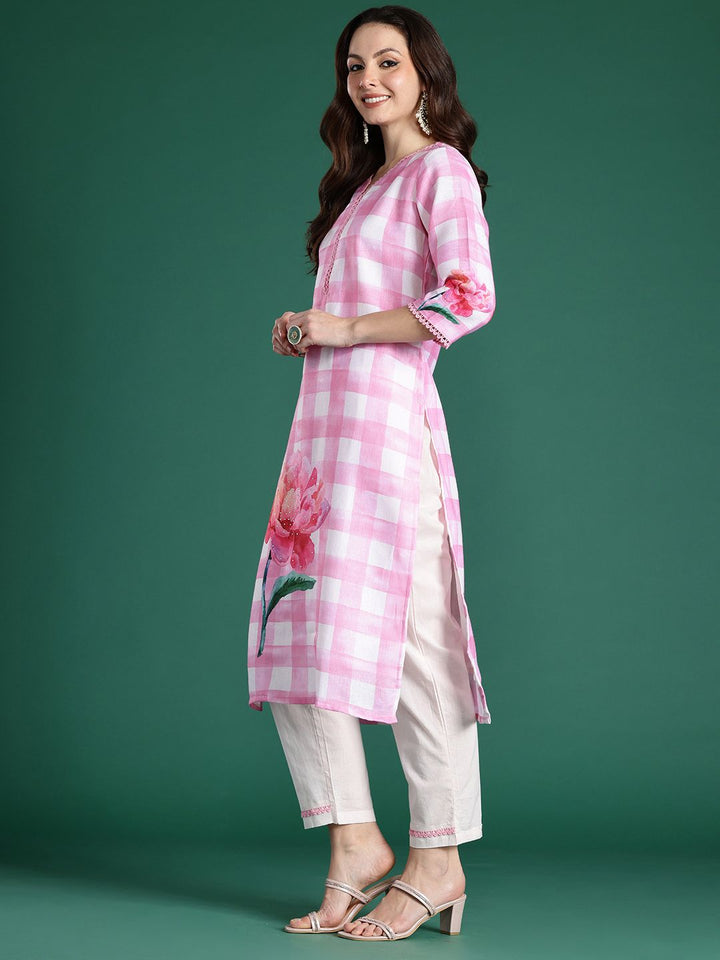 Indo Era Floral Printed Beads and Stones Linen Kurta with Trousers & With Dupatta