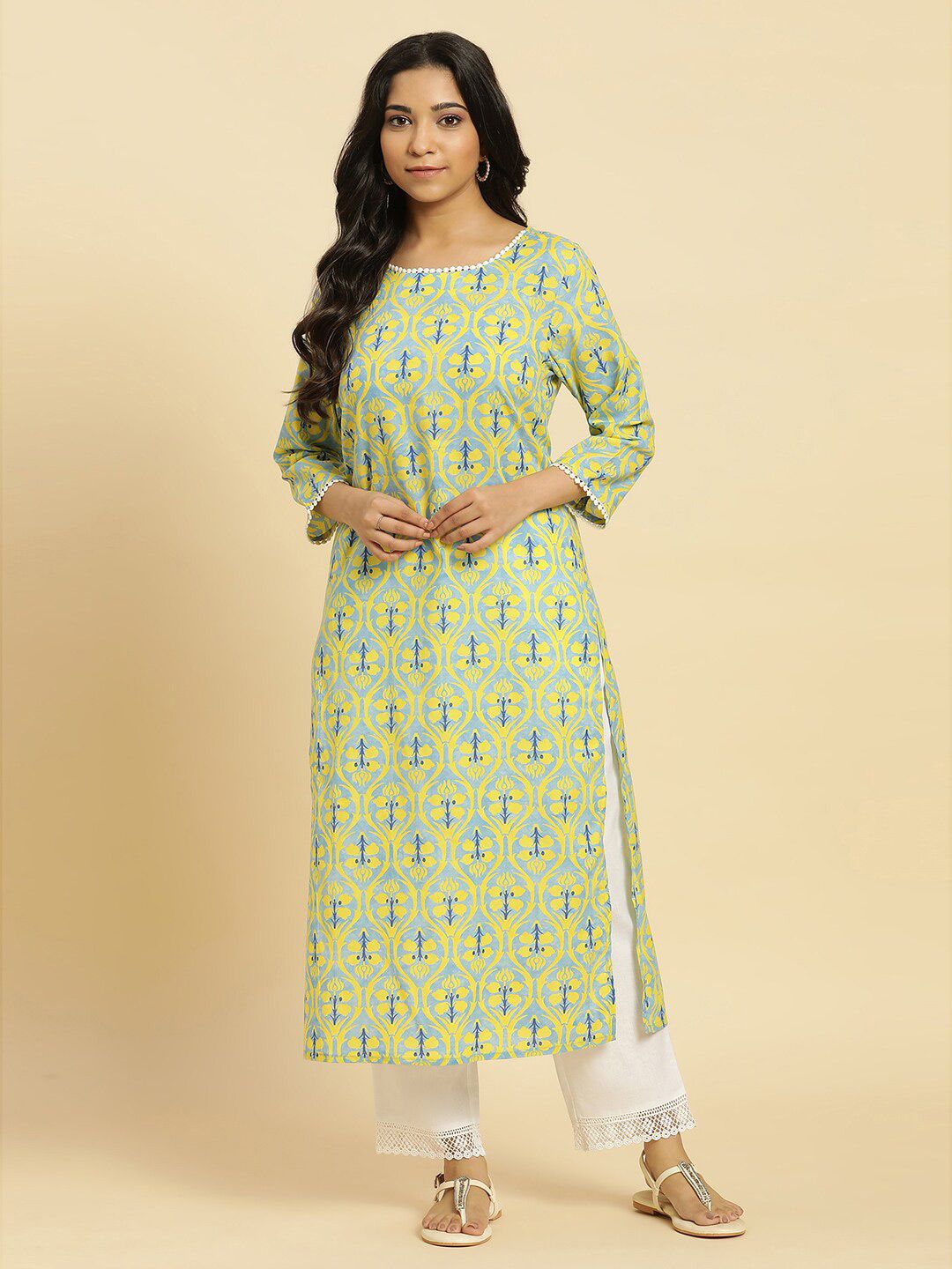 W Floral Printed Cotton Straight Kurta