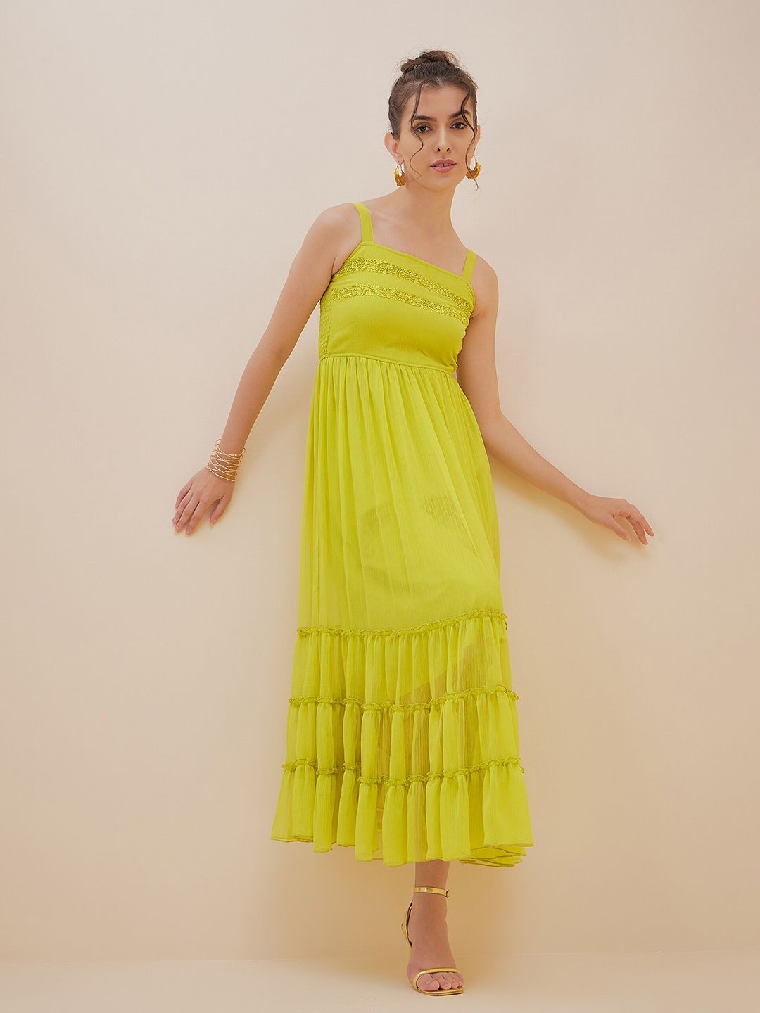 Antheaa Embellished Sequinned Tiered Chiffon Empire Midi Dress