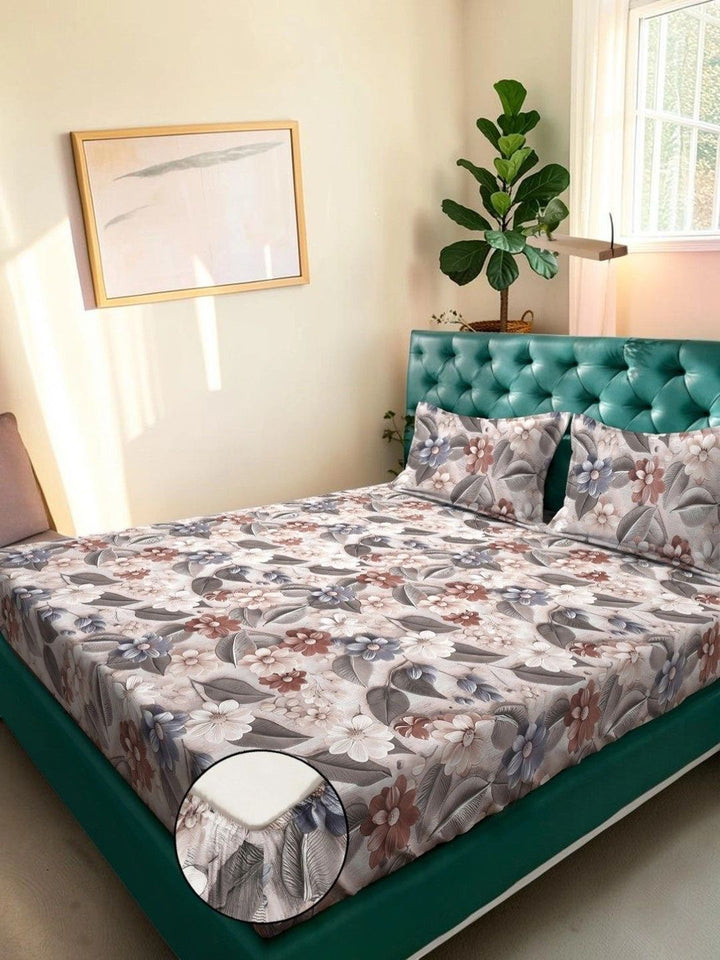 Moda Rapido X KLOTTHE Beige & Brown Floral 300 TC King Bedsheet with 2 Pillow Covers