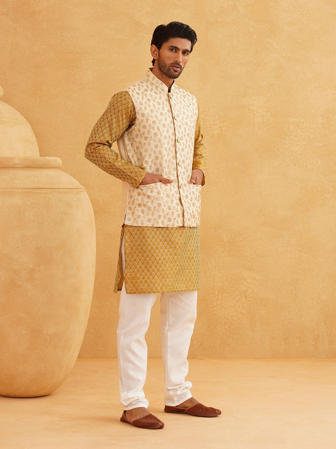 SOJANYA  Mandarin Collar Ethnic Motif Woven Design Regular Kurta with Churidar
