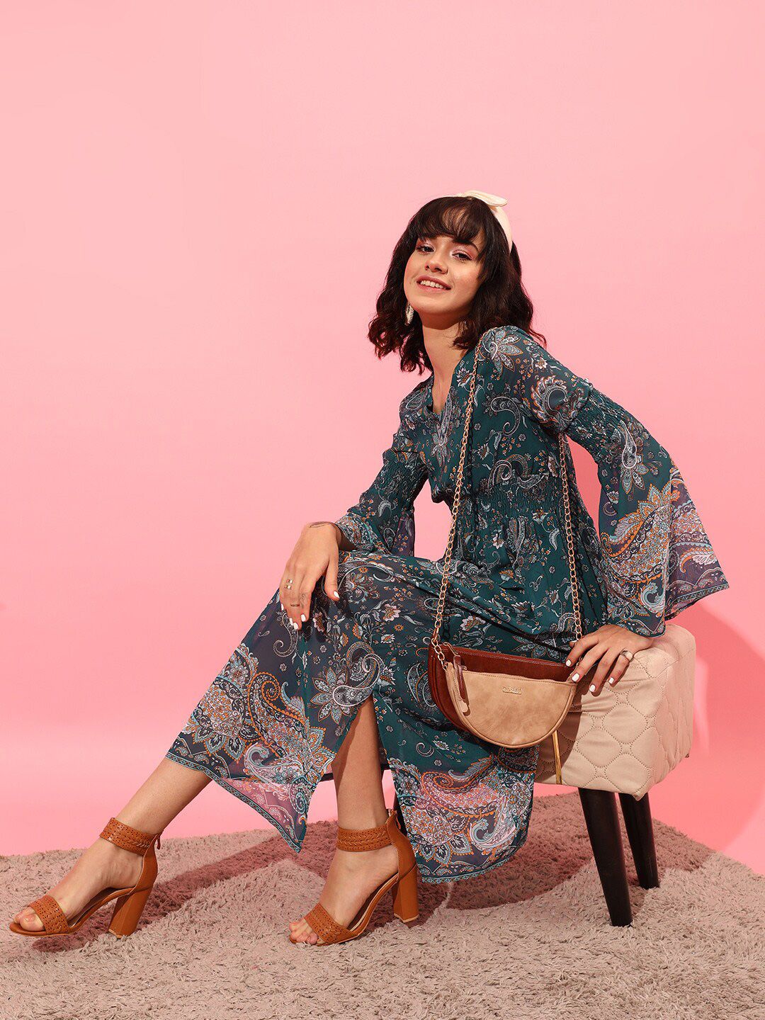 STREET 9 Bell Sleeves Printed Chiffon Midi A-Line Dress
