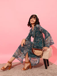 STREET 9 Bell Sleeves Printed Chiffon Midi A-Line Dress