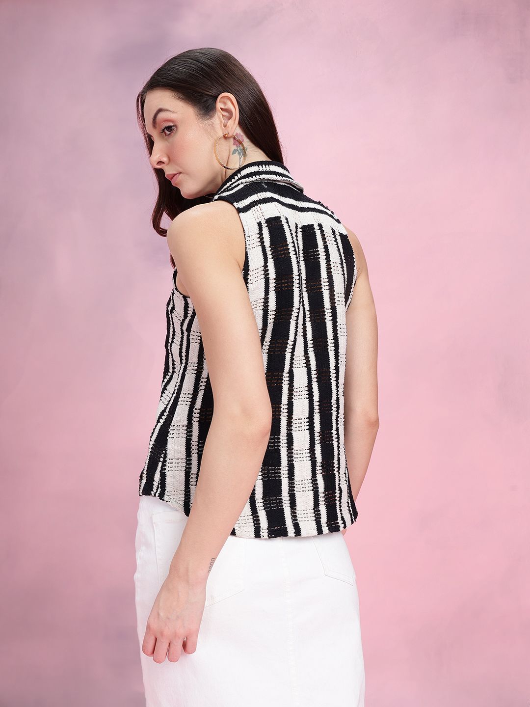 DressBerry Vertically Self-Striped Cuban Collar Semi Sheer Casual Shirt