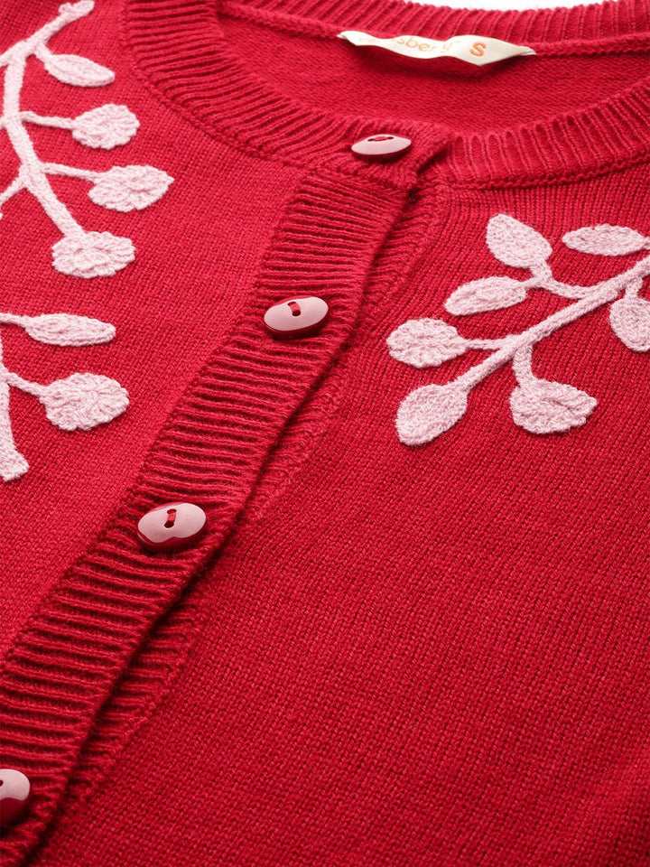 DressBerry Women Red & Pink Floral Embroidered Solid Cardigan