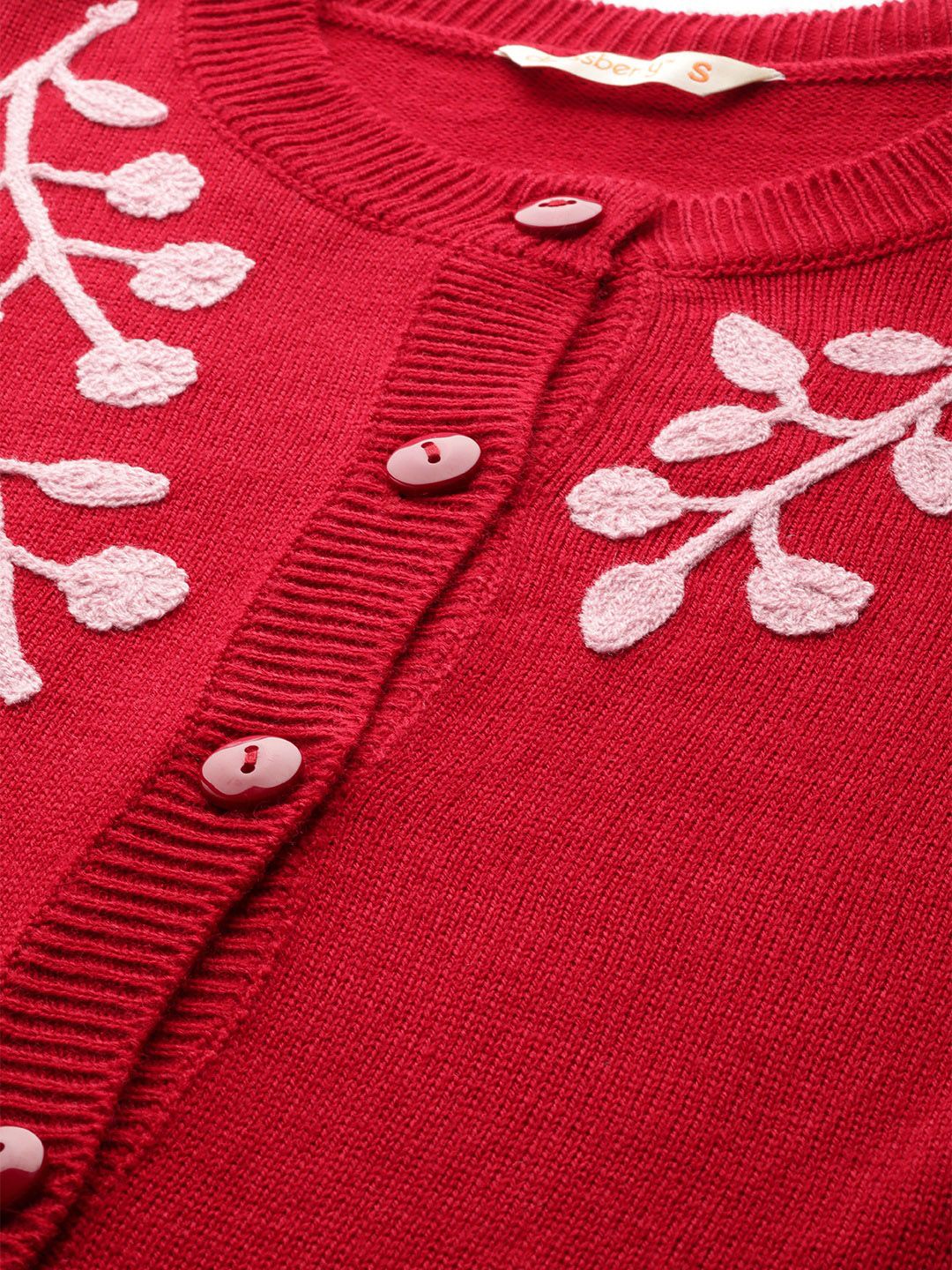 DressBerry Women Red & Pink Floral Embroidered Solid Cardigan