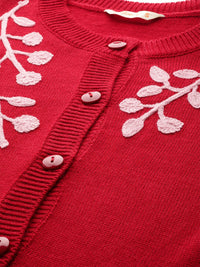DressBerry Women Red & Pink Floral Embroidered Solid Cardigan