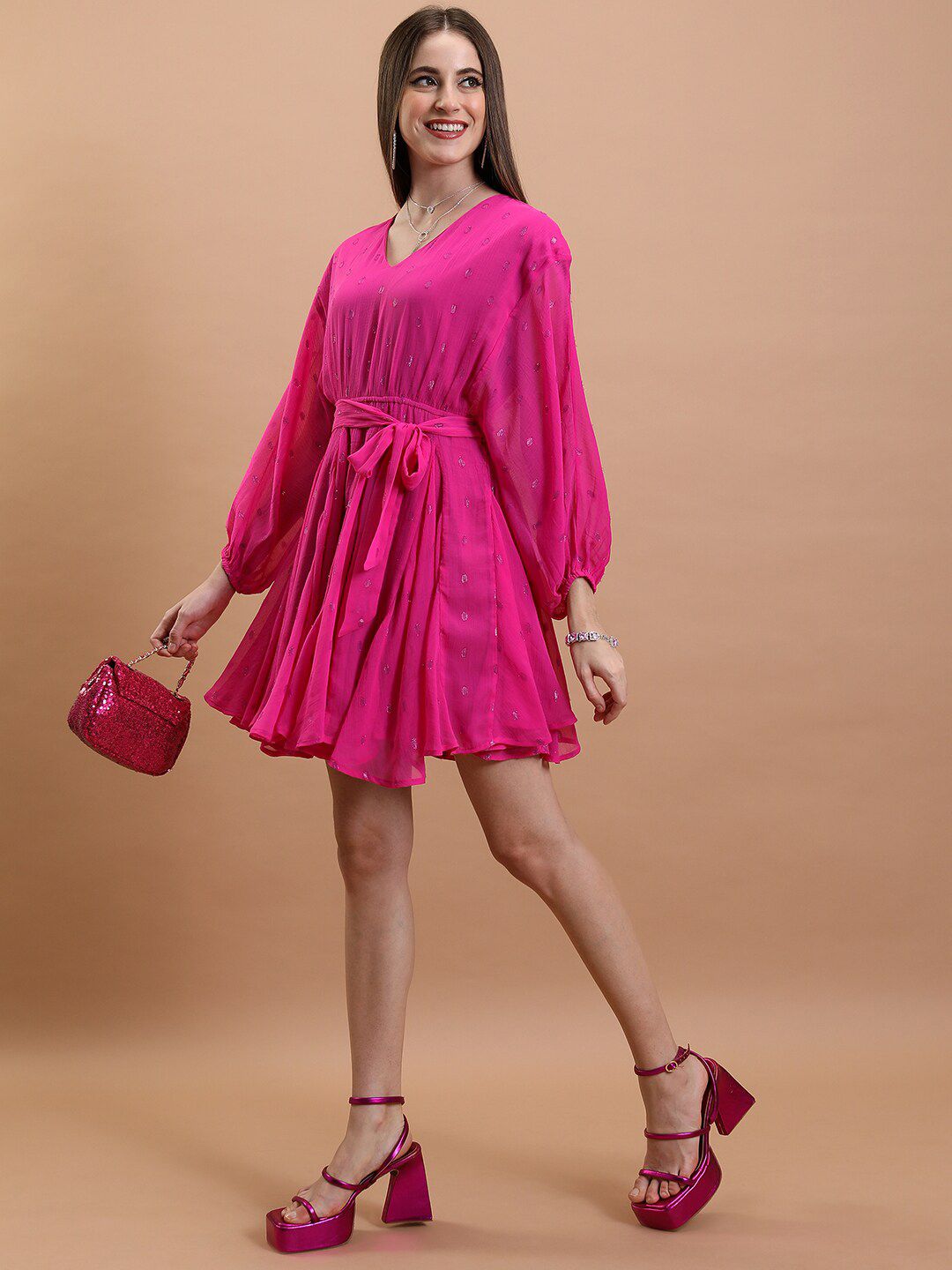 Tokyo Talkies Abstract Printed tiV-Neck Puff Sleeves Tie-Ups Detail Fit & Flare Mini Dress