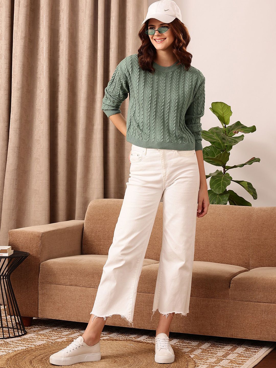 STREET 9 Green Cable Knit Self Design Acrylic Pullover Sweater