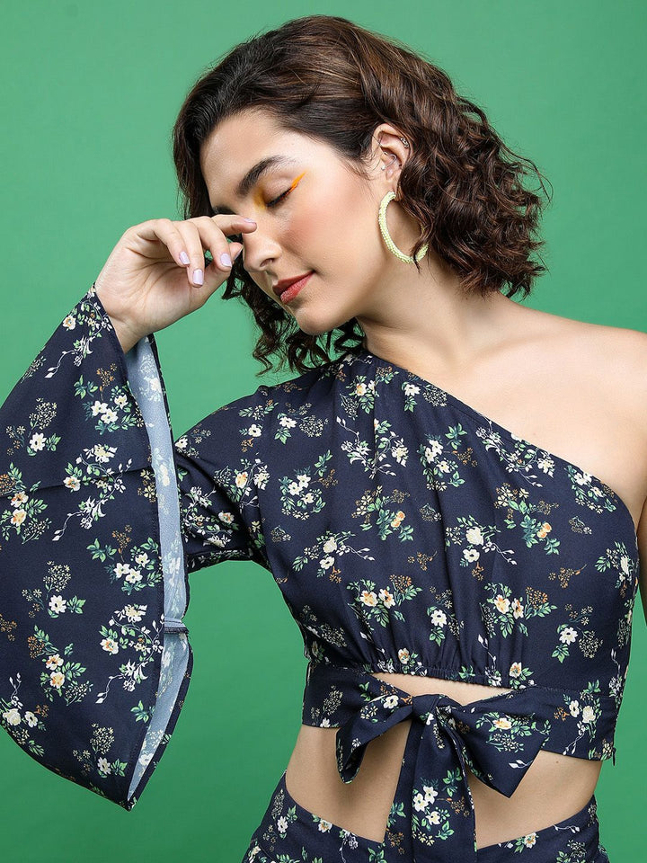 Tokyo Talkies Floral Printed One Shoulder Crop Top With Printed Palazzos