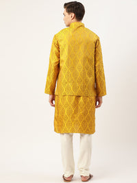 SOJANYA Kurta Motif Etnik Mustard Kuning & Putih Putih dengan Churidar