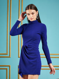 SASSAFRAS Blue Self Design Gathered Detail High Neck Sheath Dress