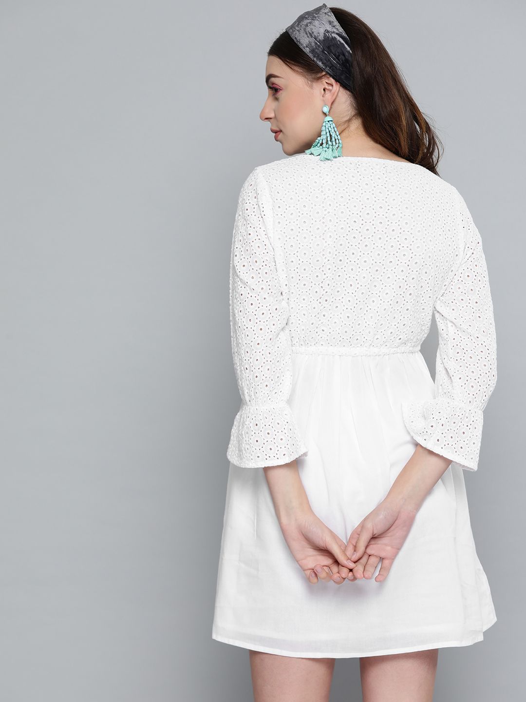 SASSAFRAS White Schiffli Embroidered Cotton A-Line Dress
