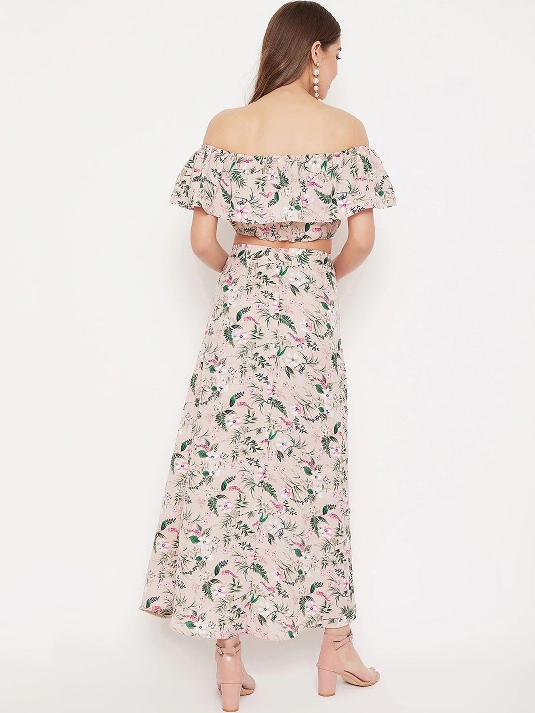 Berrylush Women Beige & Green Printed Top with Skirt