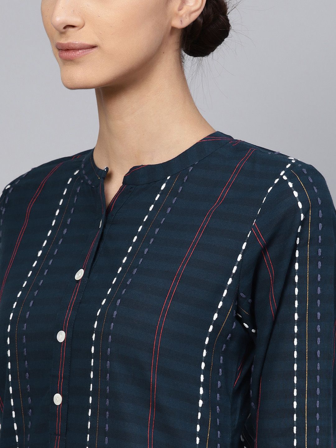 Libas Women Navy Blue Striped Straight Kurta