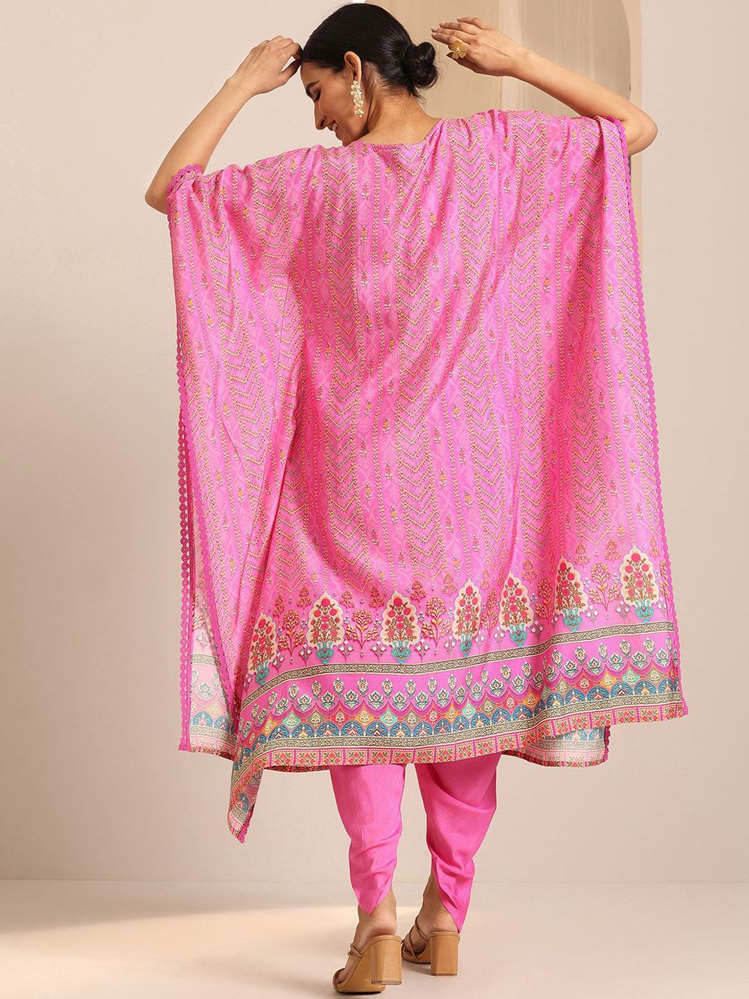 Libas Ethnic Motifs Printed Panelled Mirror Work Tie-Up Neck Kaftan Kurta With Salwar