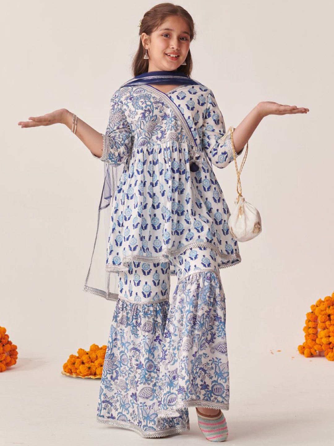 pspeaches Girls Ethnic Motifs Printed Regular Kurta with Sharara & Dupatta