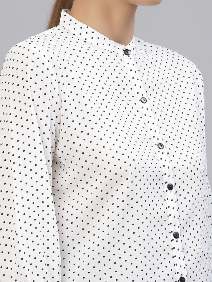 Style Quotient White & Black Polka Dot Print Mandarin Collar Shirt Style Top