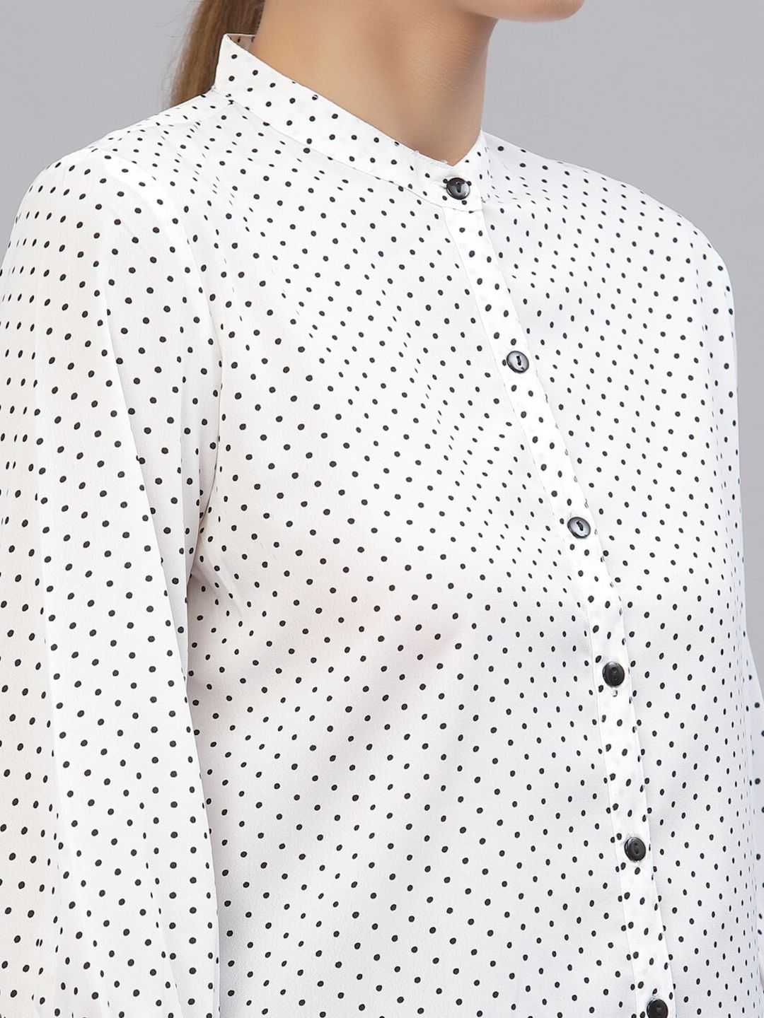 Style Quotient White & Black Polka Dot Print Mandarin Collar Shirt Style Top