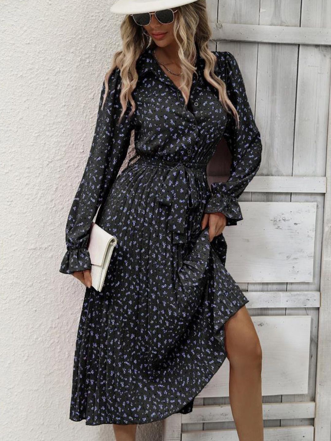all about you Black Floral Print Bell Sleeve Fit and Flare Dress