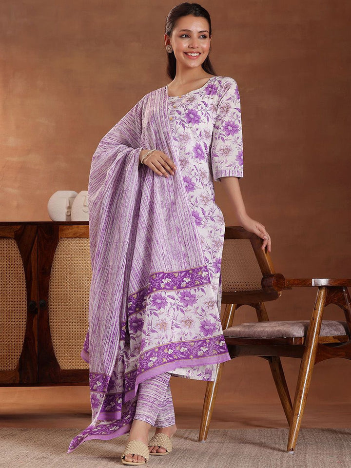 Libas Floral Printed Pure Cotton Straight Kurta with Trousers & With Dupatta