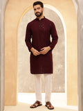 Anouk Wine Geometric Embroidered Sequinned Mandarin Collar Pure Cotton Kurta With Pyjama