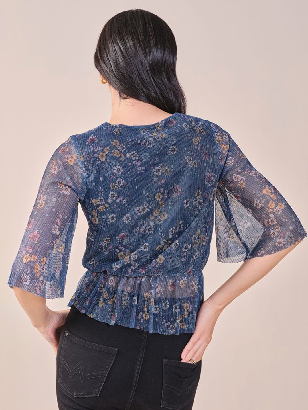 AND polyester floral printed v-neck peplum Top