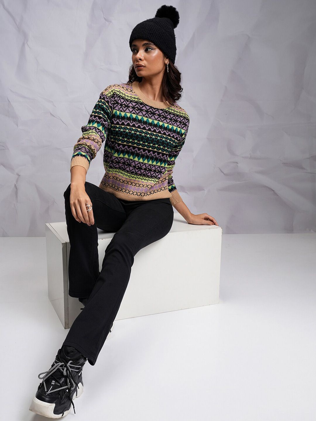 Tokyo Talkies Black Relaxed Fit Cable Knit Acrylic Pullover