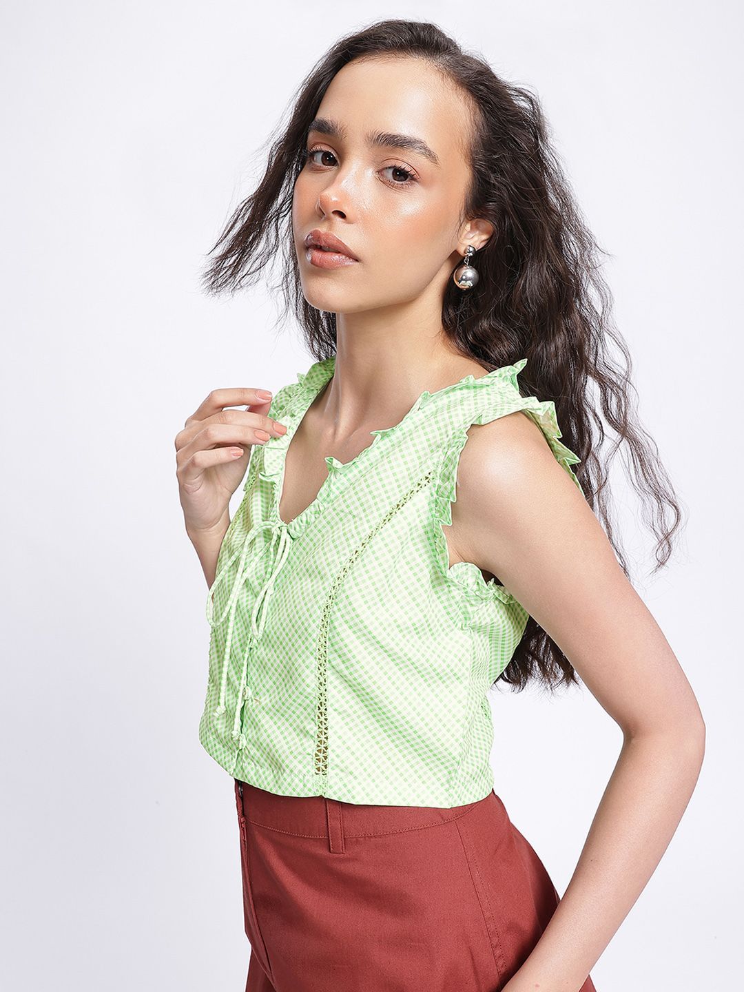 DressBerry Summer Checks Ruffled Tie-Up Button-Up Crop Top