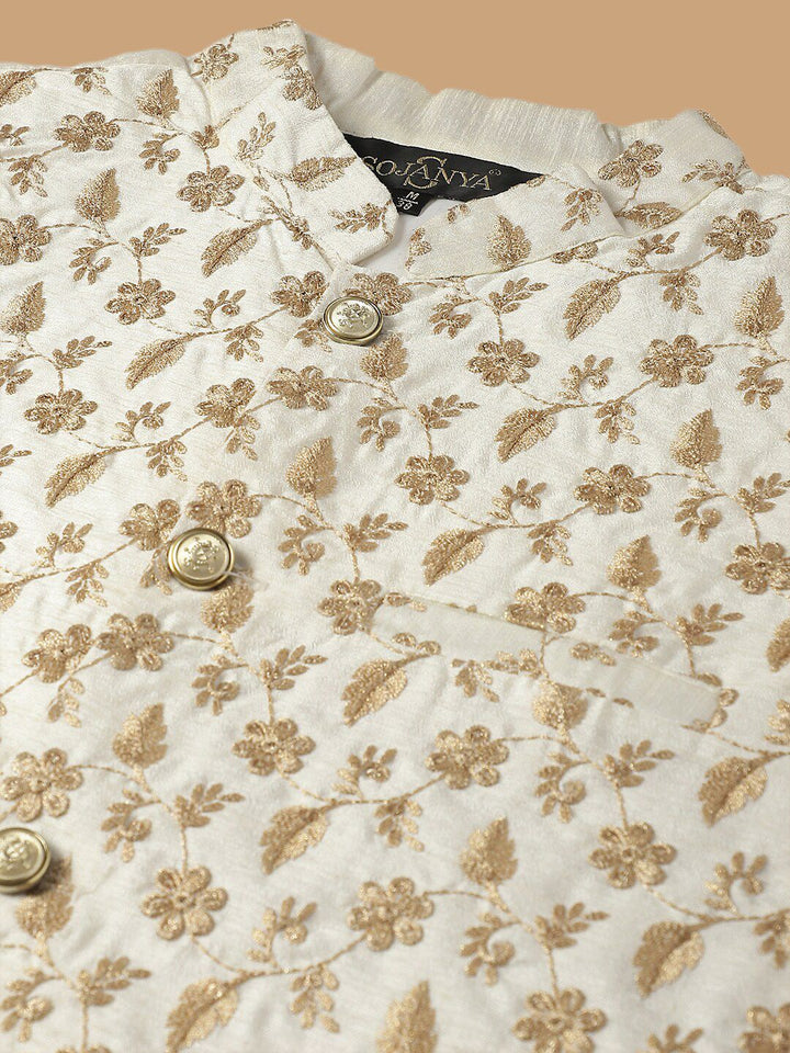 SOJANYA Kurta Kapas Tulen Bersulam Labuci dengan Jaket Churidar & Nehru Bersulam