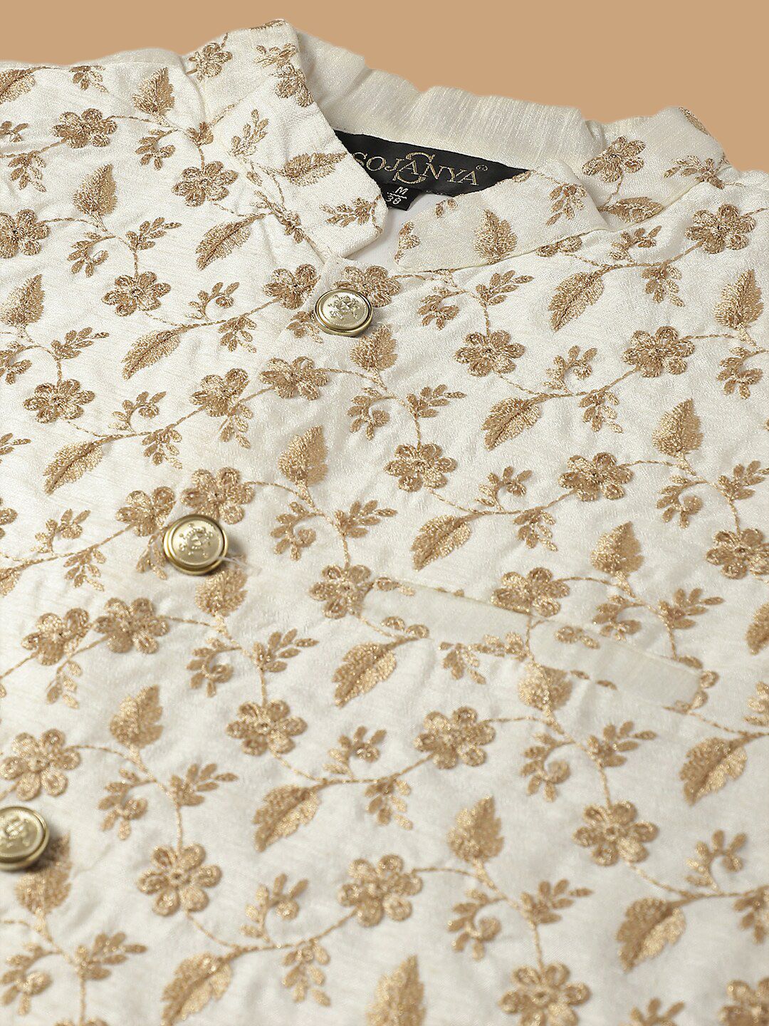 SOJANYA Kurta Kapas Tulen Bersulam Labuci dengan Jaket Churidar & Nehru Bersulam