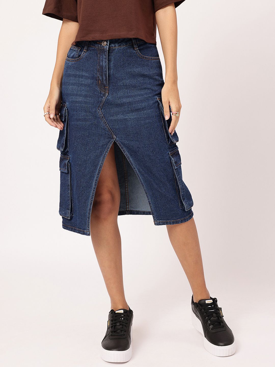 DressBerry Urban Utility Front Slit Cargo Style Denim Skirt