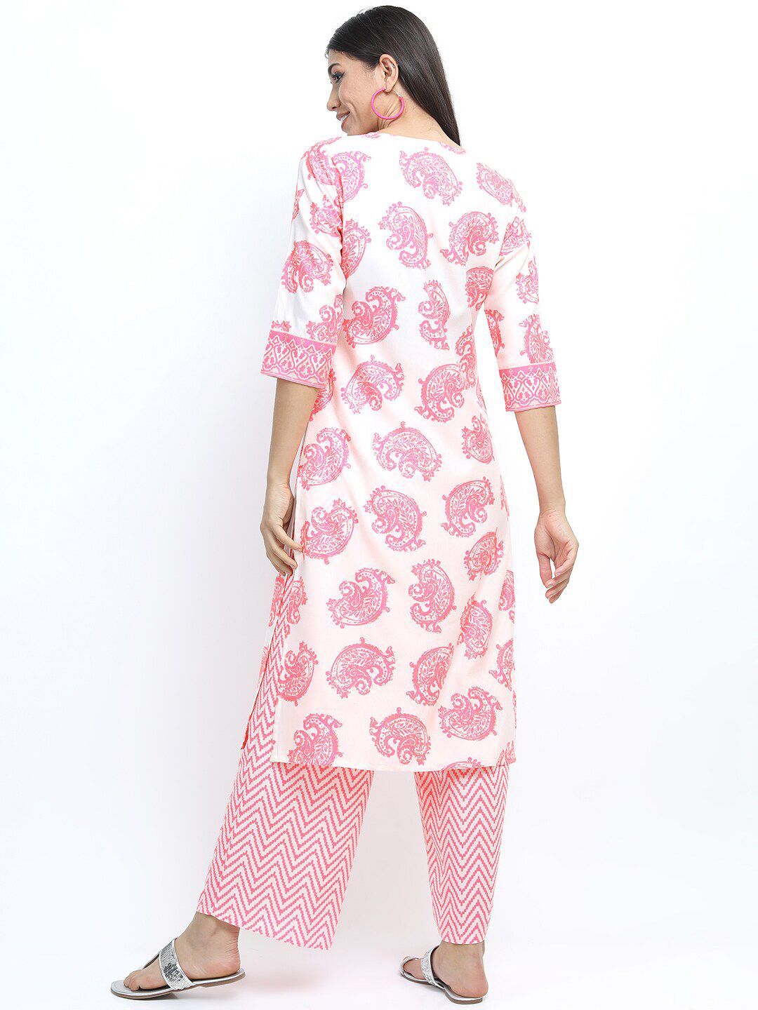 Vishudh Women Off White & Pink Ethnic Motifs Printed Kurta With Palazzos