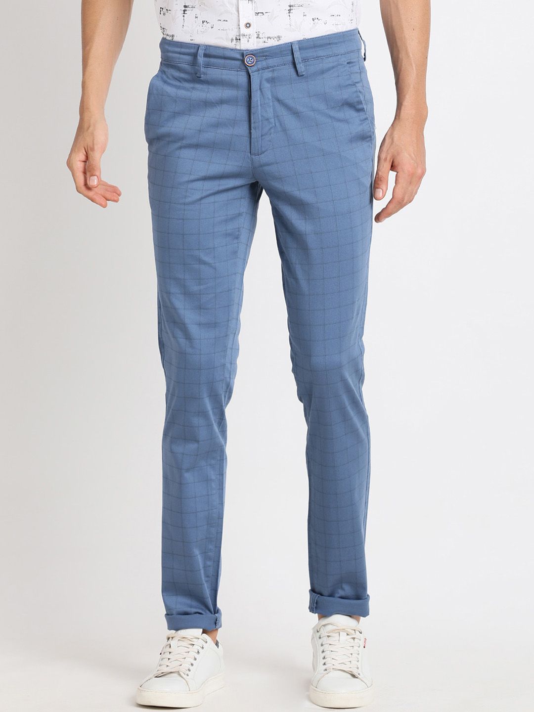 Turtle Men Smart Tapered Fit Checked Chinos Trousers
